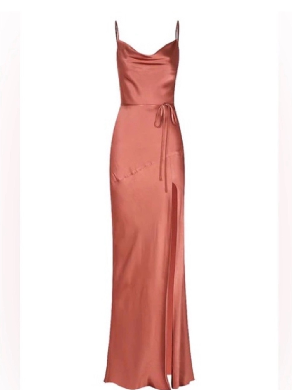Shona Joy Satin Cowl Slip Maxi Dress with Side Slit and tie - Terracotta, Size 4